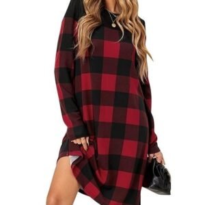 PALINDA Women's Long Sleeve Red Buffalo Plaid Dress Loose Keen Length Christmas Tunic Dress