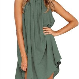 KIRUNDO 2024 Women Summer Mini Dress Halter Neck Sleeveless Loose Pleated Short Beach Sundress