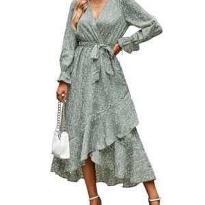BTFBM Women Long Sleeve V Neck Boho Floral High Waist Flowy Ruffle Maxi Dresses 2024 Spring Summer Dresses with Belt