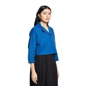 Fabindia Women Cotton Linen Blue Solid Lapel Collar Slim Fit Top