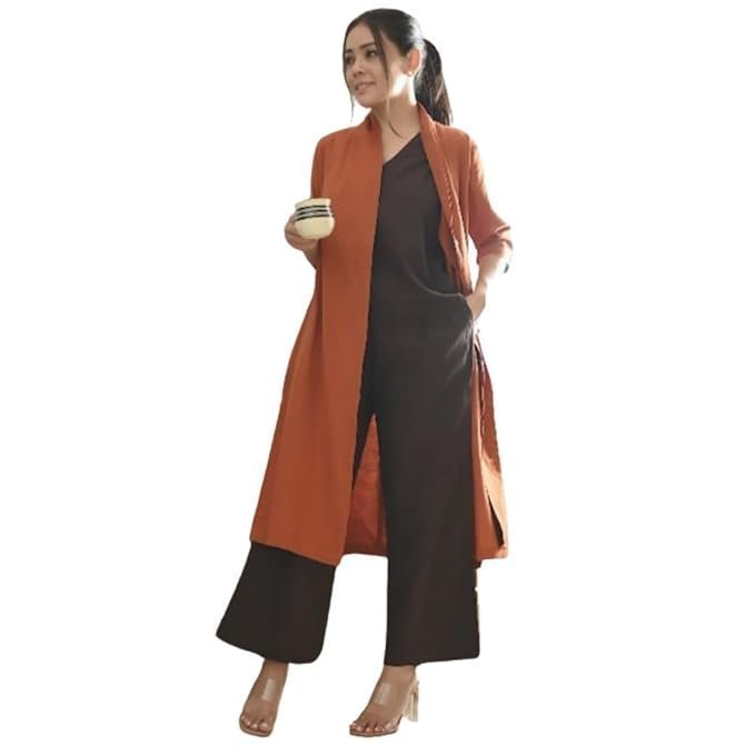Saltpetre Women Coffee Brown Top & Trouser with Rust Long Shirt 3 Piece Co-Ords Set