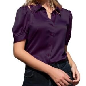 BHIKADIYA Women Regular Fit Solid Cut Away Collar Casual Shirt, Smocked Blouse for Women's Point Collar Puff Sleeve Vintage Peasant Top