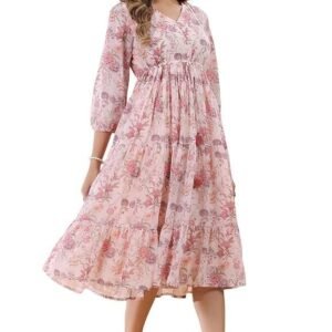Janasya Women's Pink Georgette Floral Printed Tiered Dress