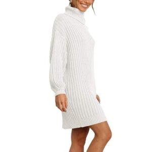 MXGZ Women Sweater Dresses, Casual Knee Length Pure Color Comfortable Long Sleeve Sweater Dresses for Office for Dating (S) White
