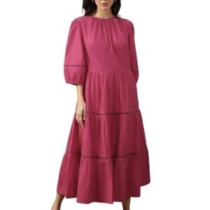 High Star Women Solid Cotton Flared Fit Round Neck Short Sleeve Dresses