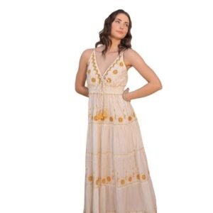 LABEL REYYA White and Gold Floral Embroidery Tiered Cotton Maxi Dress for Women