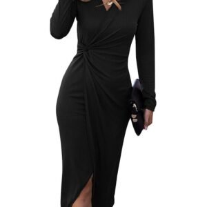 SHIBEVER Women's Long Sleeve Dress: Midi Casual V Neck Dresses Twist Waist Ribbed Knit Bodycon Slit Cocktail Party Dress
