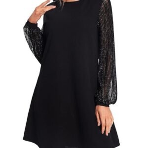 SweatyRocks Women's Elegant Mesh Contrast Long Sleeve A Line Mini Short Dress, Silver Line Black, Medium