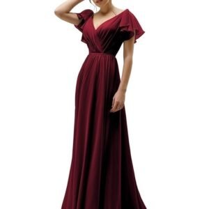 HEFANATI Women's V Neck A-Line Chiffon Bridesmaid Dresses for Wedding Ruffles Formal Evening Gown