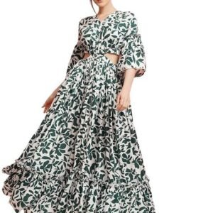 UK URBAN KOMFORT Women Stylish Cutwork Printed Design Puff Sleeve One Piece Layered Long Dress