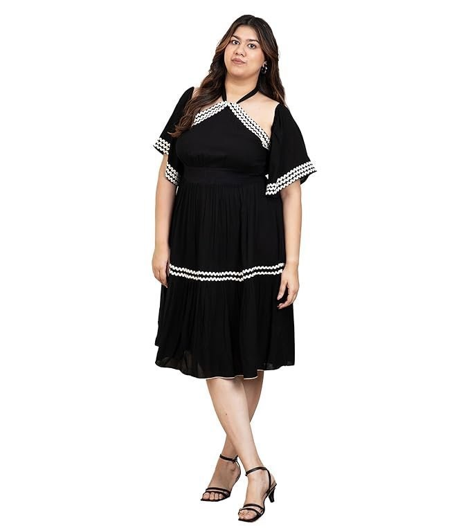 DEEBACO Solid Smocked Rayon Women's Plus Size Tiered Dress|Halter Neck Short Bell Sleeves|Summer Western Party Casual Wear Stylish Dress Collection for Ladies