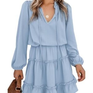 BTFBM Women Casual Summer Fall Dresses Tie V Neck Long Sleeve High Waist Ruffle Tiered A Line Swing Tunic Mini Dress
