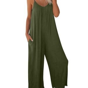 Dokotoo Women's Loose Plus Size Jumpsuits for Women Adjustable Spaghetti Strap Stretchy Wide Leg Solid One Piece Sleeveless Long Pant Romper Jumpsuit with Pockets Green Large