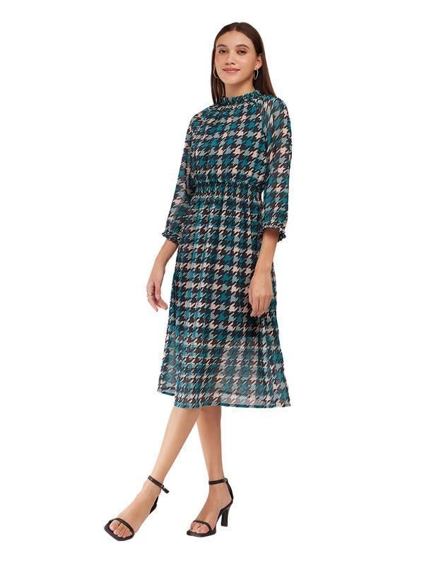 FableStreet Houndstooth A-line Dress - Teal