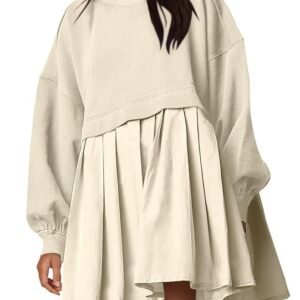 ANRABESS Women Sweatshirts Dress Oversized Long Sleeve Patchwork Casual Loose Pleated Pullover Mini Dress Fall Outfits 2024
