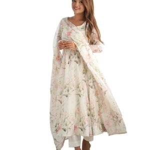 Vastra Saili Designer Women Organza Anarkali Floral Printed Kurta Pent Set with Dupatta Set Anarkali Kurti for Women