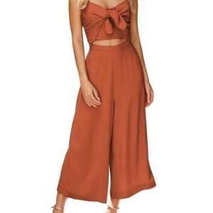 AVALEBETI Women's Summer Spaghetti Straps Tie Knot Cutout Smocked Shirred Back High Waist Wide Leg Jumpsuits Rompers Pockets