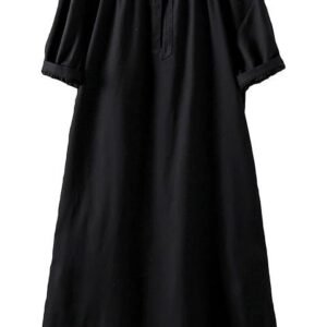Minibee Women's Cotton Linen Dress Short Sleeve Midi Casual Tunic Dress with Pockets Black 2XL