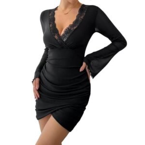 FTK® V-Neck Mesh Contrast Lace Mini Dress for Women | Slim-Fit & A-Line Design | Elegant Trumpet Sleeves | Soft & Breathable Fabric | Perfect for Casual, Wedding