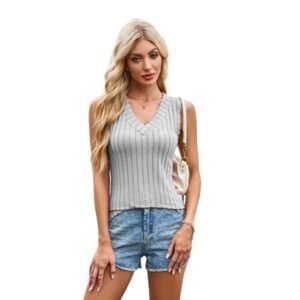 MIPPO® Spring & Summer Sleeveless Large V-Neck Solid Color Striped Pullover – Women’s Simple Top