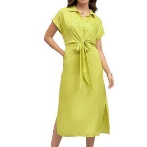 DL Woman Solid Shirt Collar Belted Midi Dress