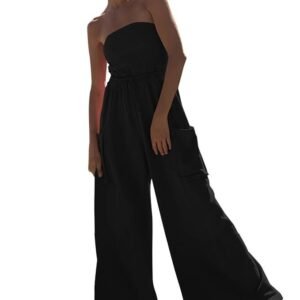 Feager Women's Oversized Strapless Off Shoulder Tube Top Jumpsuits Casual Wide Leg Long Pants Jumpsuits Rompers with Pockets