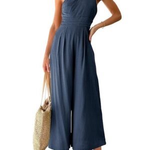 ANRABESS Women's Summer Straps One Shoulder Pleated High Waist Casual Wide Leg Jumpsuit Romper with Pockets