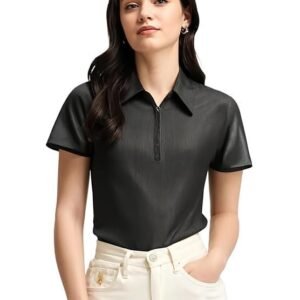 Mack Jonney Ribbed |Regular Fit | Half Sleeves 100% Cotton Polo Neck Self Design with Zip T-Shirt for Women-M919