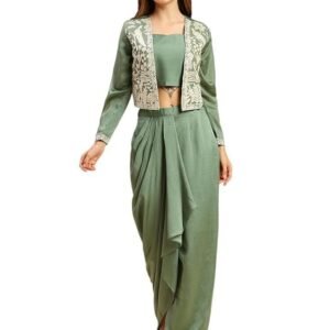 madhuram women'S Vichitra Silk Dhoti Skirt And Choli With Short Coti Set For Solid With Heavy Embroidery Work Set(M-2459)