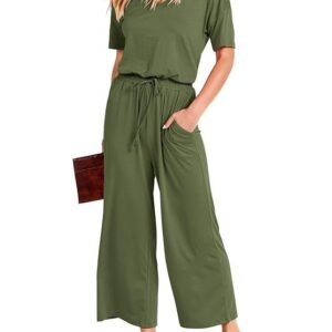 ANRABESS Women Jumpsuits Summer Loose Deep V Neck Short Sleeve Elastic Waist Romper Playsuits with Pockets