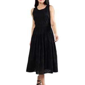 PEPPINOS Women Black Schiffli Dress in Cotton
