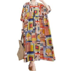 Women Cotton Linen Dress O-Neck Short Sleeves Pockets Floral Print Pleated Hem Plus Size Vintage Long Dress Belity