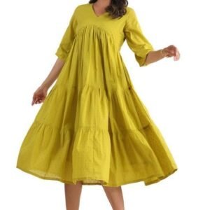 Janasya Women's Dobby Cotton A-Line Midi Dress