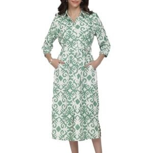 Eayaa Fashion Cotton Kota Long Dress for Women | Ikat Print | A-Line Style | Button-Up Collared Dress with Pockets | Adjustable Tie Waist | Quarter Sleeves | Casual & Stylish Midi One-Piece