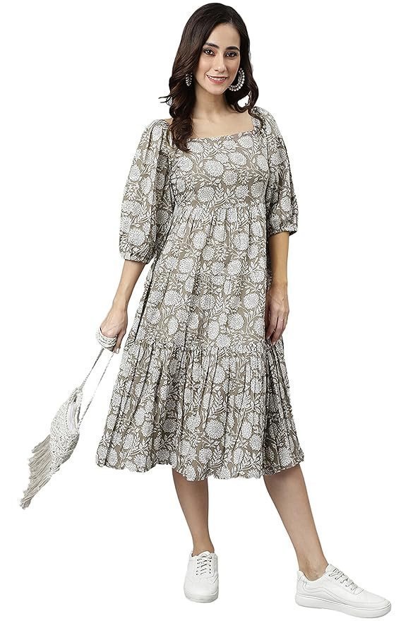 Janasya Women's Pure Cotton Floral Printed Tiered Dress