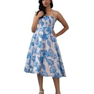 ONE Double Women's Printed Midi Dress 100% Cotton Sleeveless Detachable Straps Knee Length with Side Pocket Western Swirl Dress