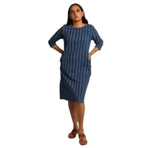 REEPEAT "KSHAMA Women's Indigo Cotton Hand Block Printed Dress with Center Back Slit - Artisanal Elegance and Unique Design|Indigo|XXL|