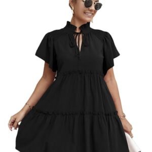 TNIU Women Short Sleeve Mini Dress Ruffles Stand Collar A-line Sundress