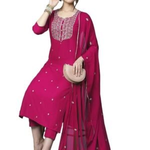 GoSriKi Women's Cotton Blend Embroidered Straight Kurta with Pant & Dupatta