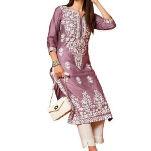 GoSriKi Women's Cotton Blend Straight Chikankari Embroidered Kurta