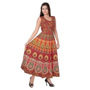Monique Brand Present Rajasthani Traditional Cotton Designer Long Midi Maxi Dress in Jaipuri Printed (Free Size Upto 42XL) Red