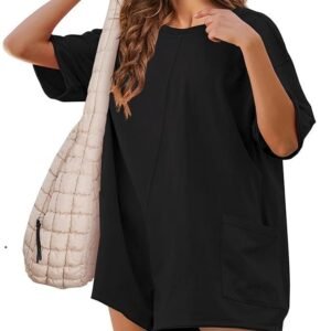 Lianlive Rompers for Women Short Sleeve Oversized Athletic Rompers Reversible Workout Overalls Hot Shot Tee Romper Onesie