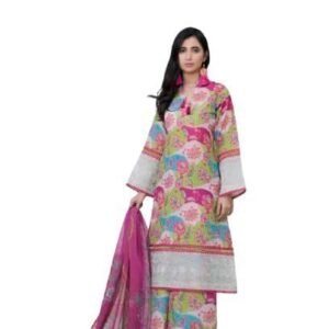 THE COTTON LAWN SHOP Women's 3 Piece Printed Cotton Salwar Suit Dupatta With Embroidered Neck Patch lace Dress Material - Pink