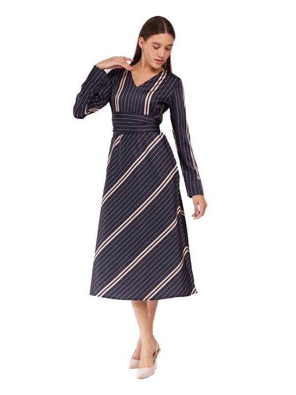 Fable Street Women Satin Fit and Flare Dress - Blue|Perfect for Casual, Office, and Everyday Outfits