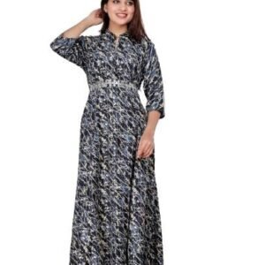 M45-Women's Flower Print Gown with Sequins and Embroidered Belt - Elegant Long Gown Dress for a Timeless Statement Grey