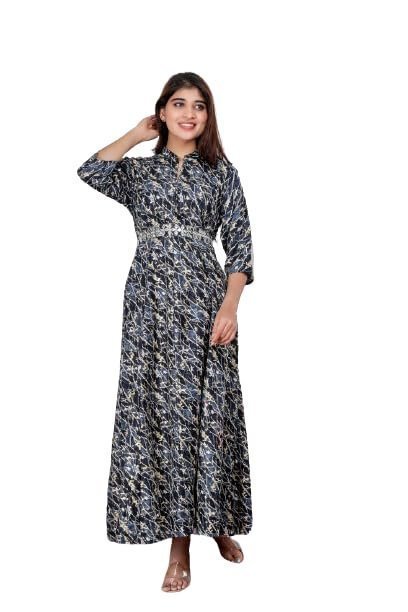 M45-Women's Flower Print Gown with Sequins and Embroidered Belt - Elegant Long Gown Dress for a Timeless Statement Grey