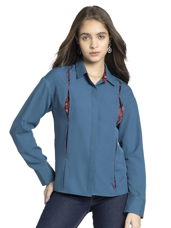 SHAYE Spread Collar Blue Printed Long Sleeves Casual Shirts for Women