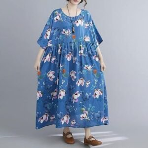 Homgee Vintage Women Cotton Linen Dress Floral Print O Neck Half Sleeve Pocket High Waist Loose Casual Maxi Dress