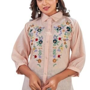 KESUDI Women's Floral Embroidered Button-Down Shirt | Linen 3/4 Sleeve Collared Top Shirt | Stand Collared Casual Wear Top Shirt