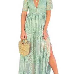 MERMAID'S CLOSET Women's Casual Off Shoulder Lace Maxi Dress Boho White Bridesmaid Wedding Evening Party Dresses